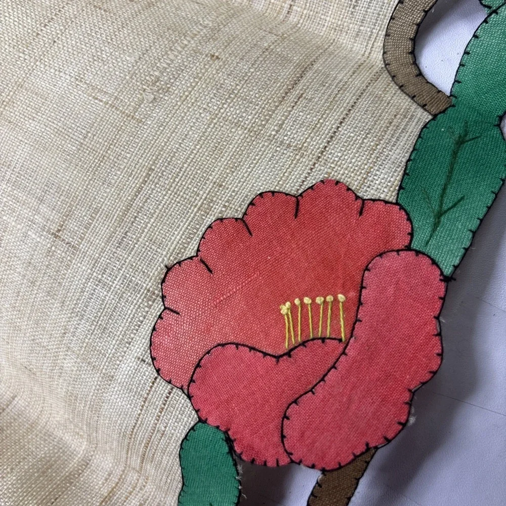 Antique Oval Shape Linen Doily‎ Hand Appliqued Poppy Flowers Poppies 34 Inch